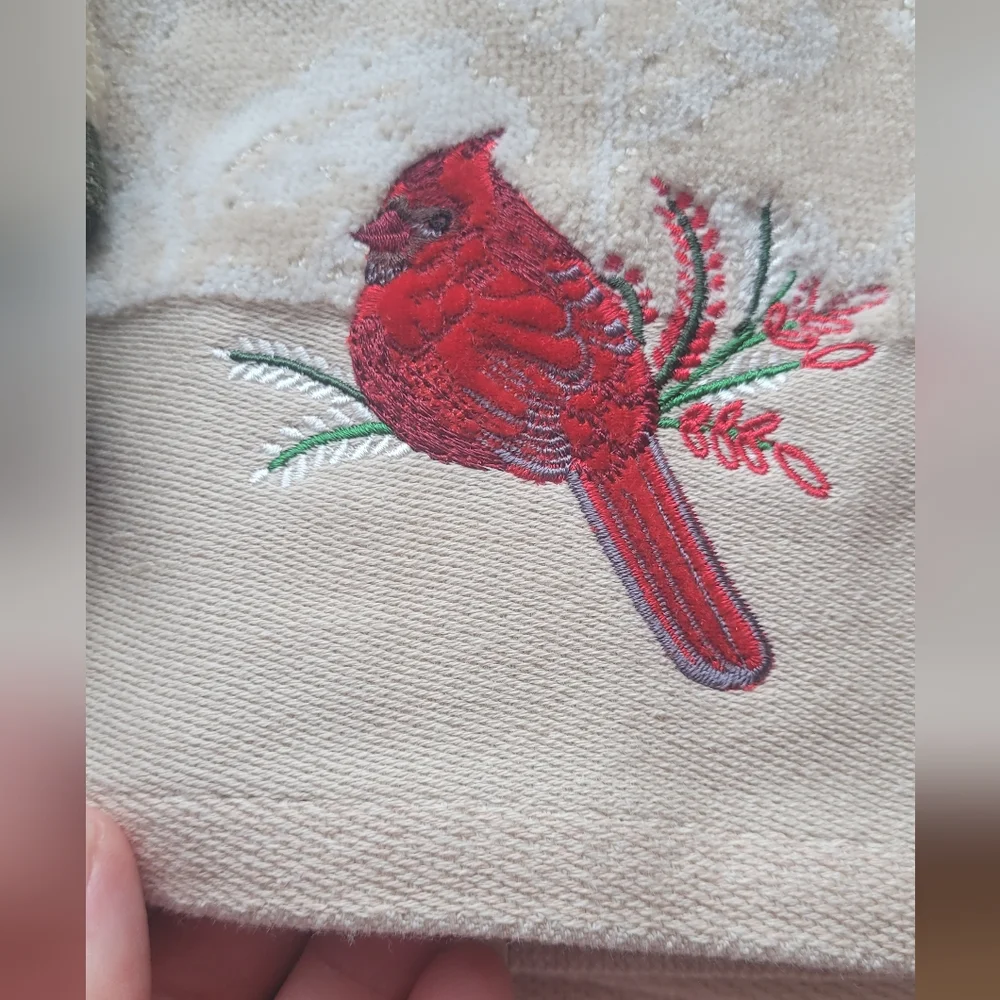 St. Nicholas Square Cardinal Hand Towel and Snowman Tip Towel Cream, Red, Green.